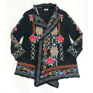 Time For Me Blk Cotton Floral Embroidered Open Drape Front Boho Cardigan 1X